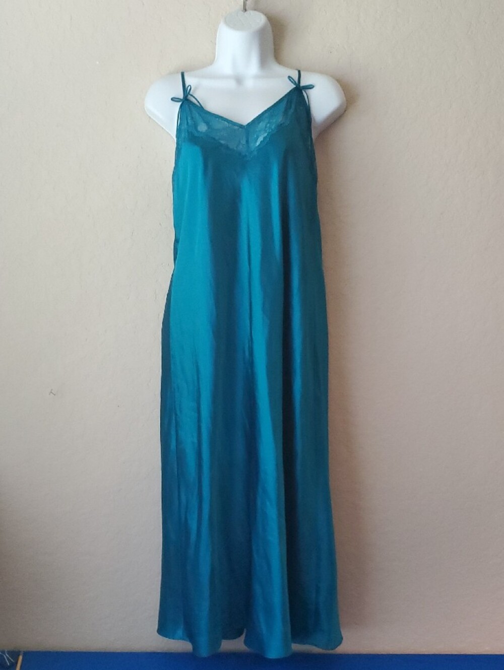 Thalia Sodi Intimates Teal Satin Maxi Nightgown Lace Trim Slip Dress Small S